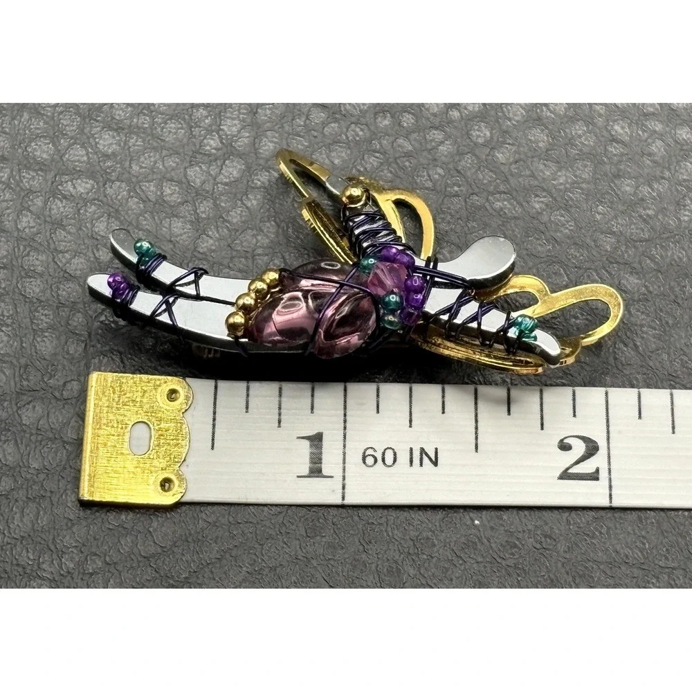 LizTech Dragonfly Brooch Pin Gold Tone Enamel Purple White Beads